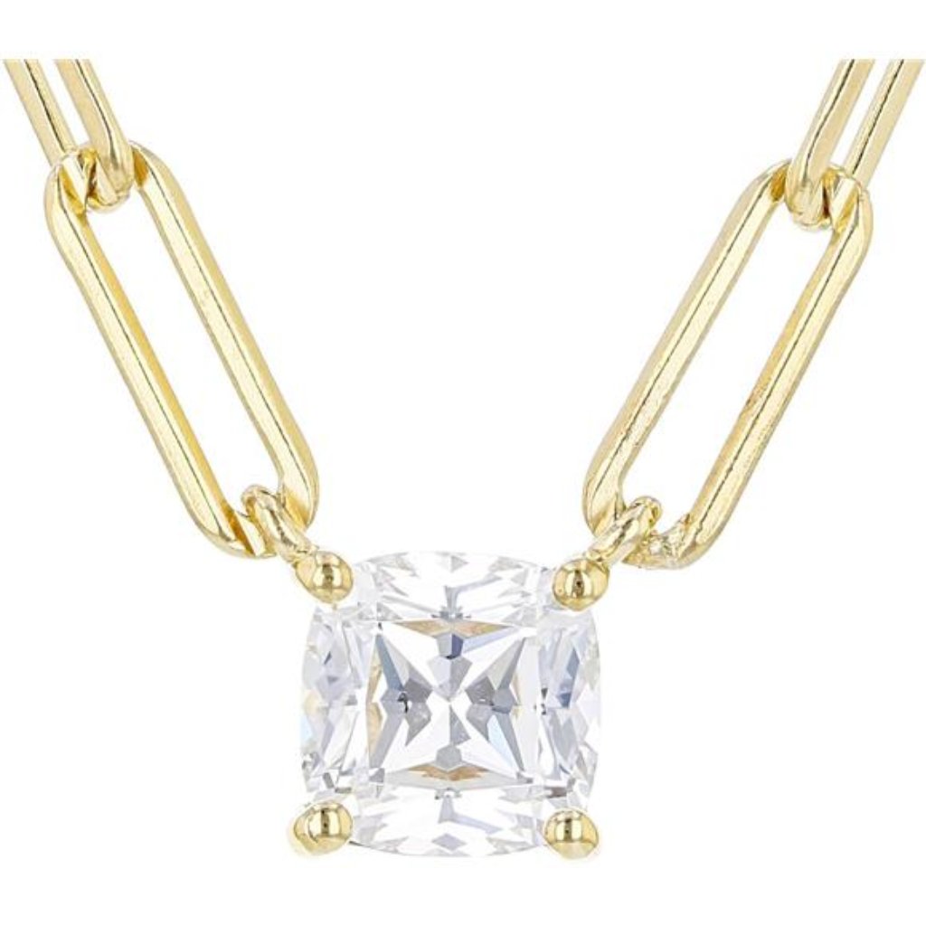 18k Gold Plated Cz Solitaire Chain Necklace - Paperclip Chain Trendy